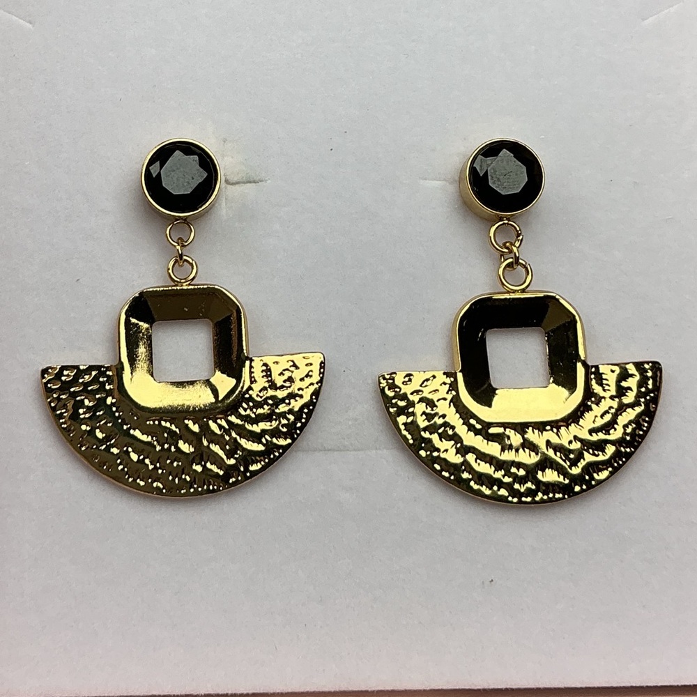 Gold Geometric Hammered Fan Dangle Earrings Black Stone Statement Boho  Drop
